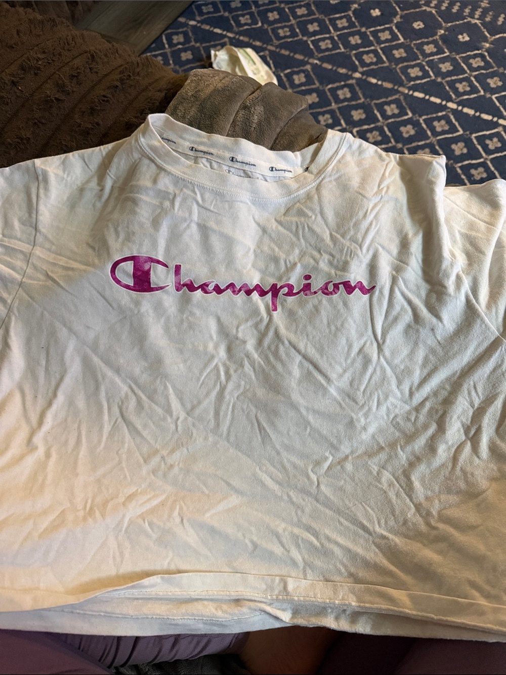 Champion White Short Sleeve Tee with Pink Logo